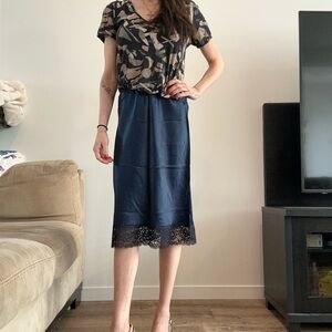 Women's Navy Satin Midi Skirt with Lace Trim